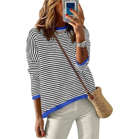Striped Color Block Sweater – Drop Shoulder Crewneck Pullover Casual - Picture 4 of 6